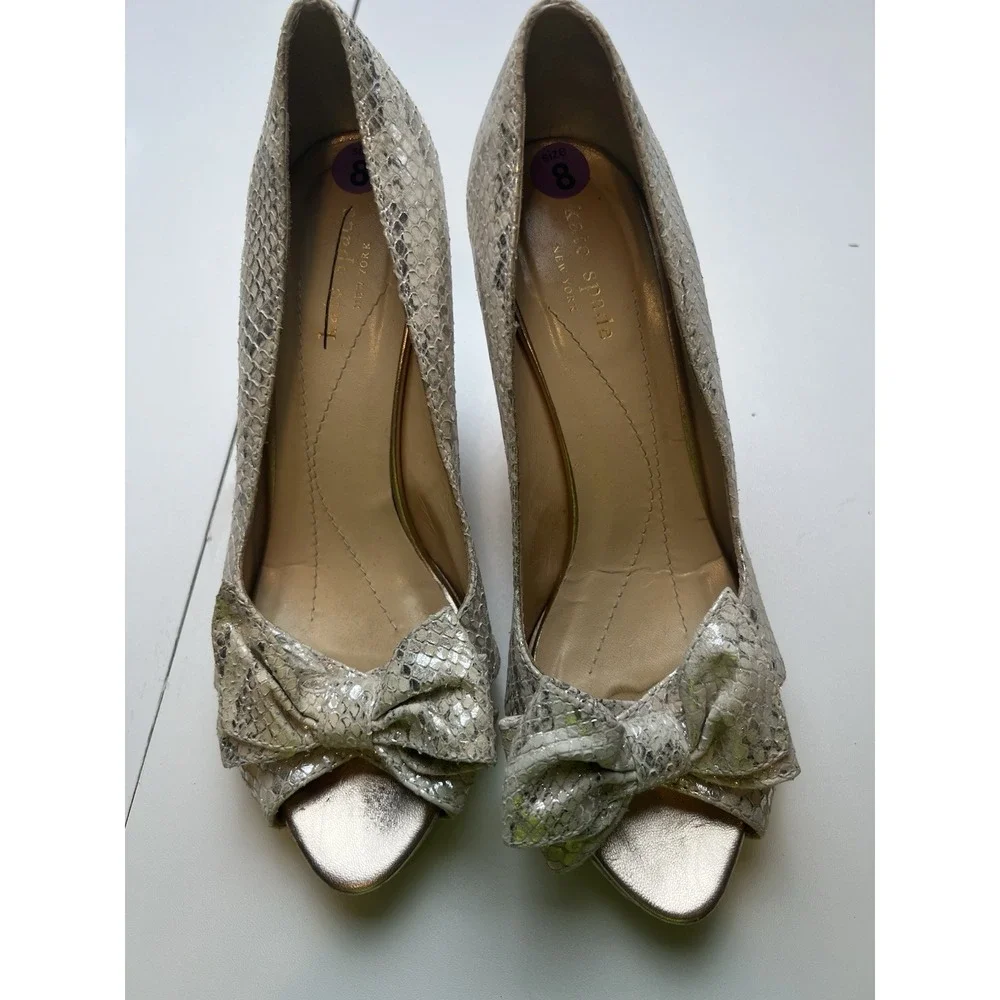 Kate Spade Peep Toe Pumps Women Leather Snakeskin Bow Heels Silver Cream 8B